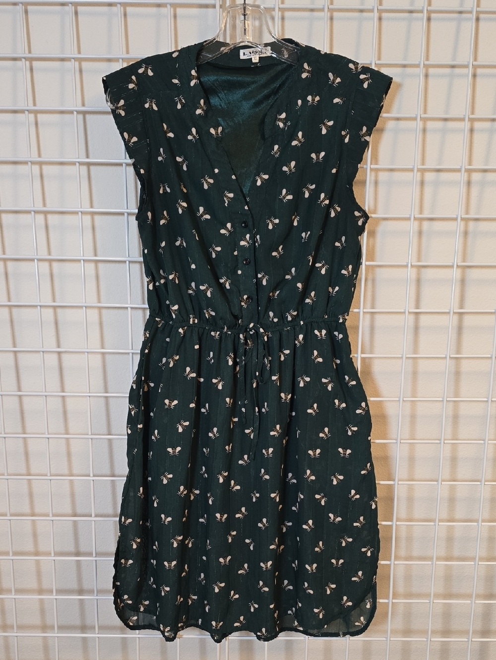LA Soul Dark Green Bumble Bee Knee Length Dress with  Button Front V Neck XL